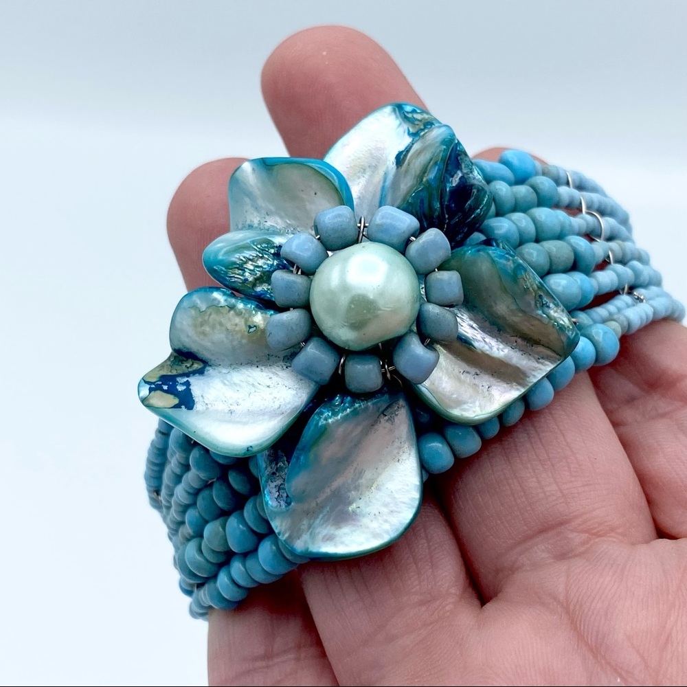 Blue Abalone Shell Flower Seed Bead Cuff Bracelet